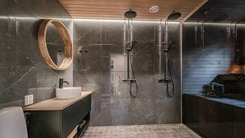 Hair dryer, bidet, towels, soap