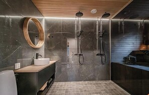 Hair dryer, bidet, towels, soap