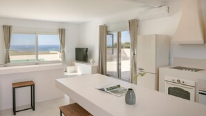 A modern kitchen with a large window, a flat-screen TV, and a built-in oven. - Villa Lobelia - Ionian Villa Collection (Lixouri)