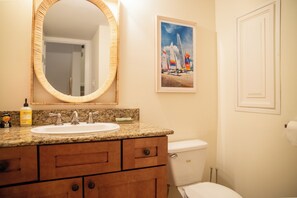 Hair dryer, towels, soap, shampoo