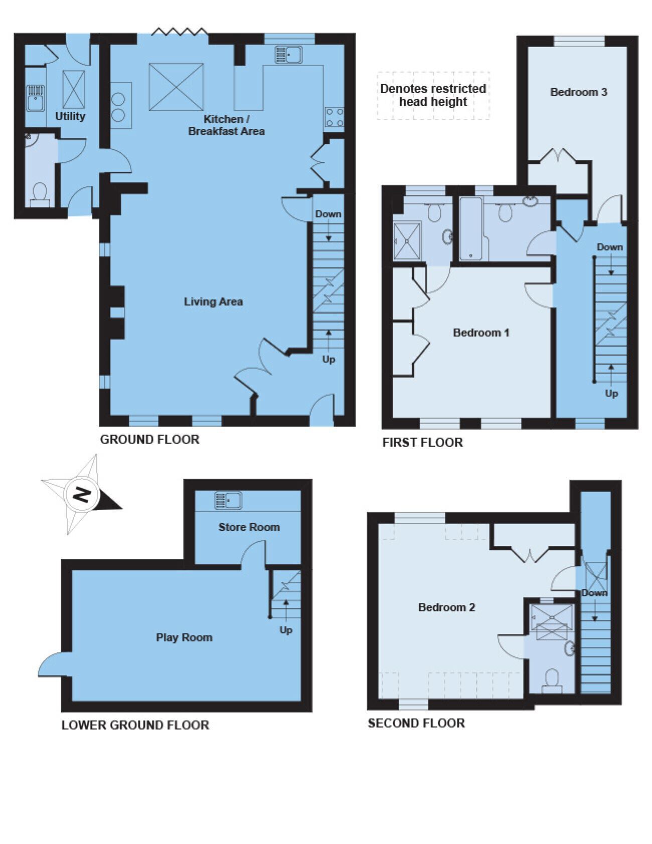A 3D floor plan of a house with a ground floor, first floor, and lower ground floor. It includes a living area, kitchen, two bedrooms, a bathroom, a utility room, and a playroom.