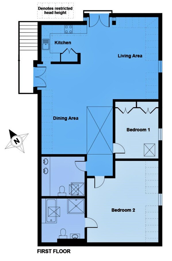 A first-floor floor plan with a kitchen, dining area, living area, two bedrooms, and a bathroom. - The Loft (Kingham)
