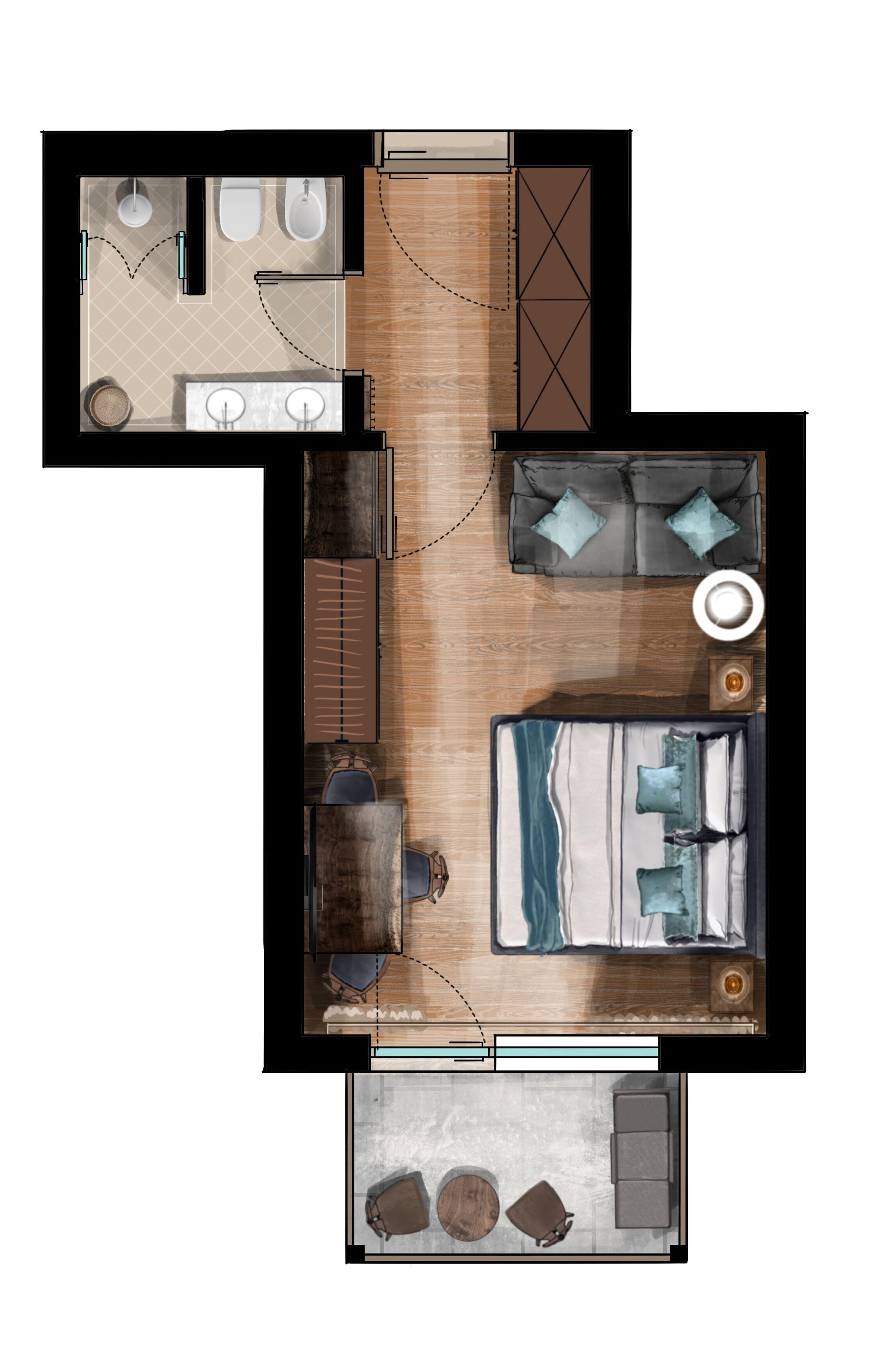 Un plan d’une chambre d’hôtel comprenant un lit, un canapé, deux fauteuils, une petite table, une salle de bain avec douche, toilettes et lavabo.