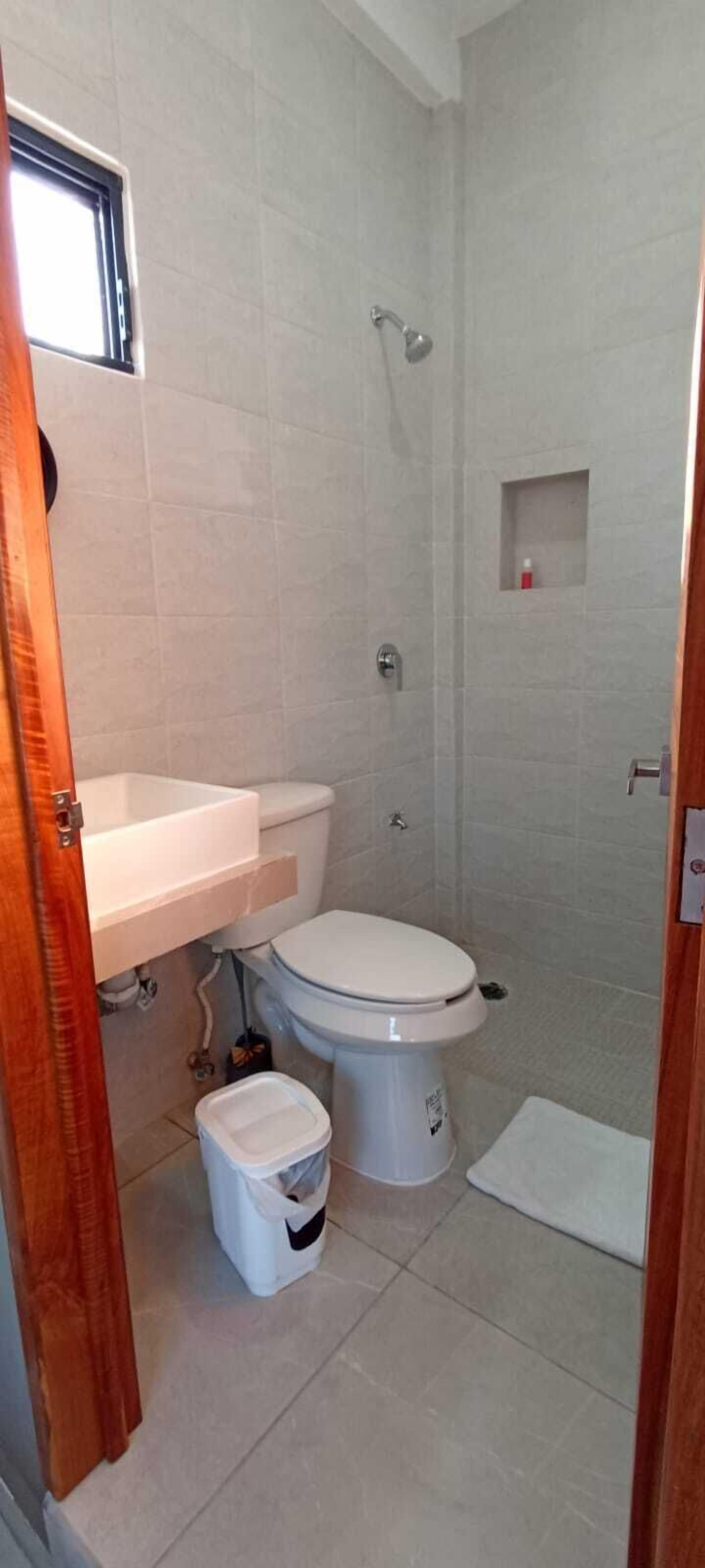A small bathroom with a toilet, a sink, and a shower.