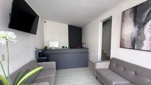 A modern living room with grey sofas, a flat-screen TV mounted on the wall, a kitchen area with a grey countertop, and a large abstract painting on the wall. - Hotel Felix (San Juan de los Lagos)