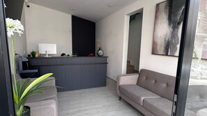 A modern living room with a grey sofa, a small table, and a decorative vase. - Hotel Felix (San Juan de los Lagos)