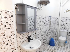 Douche, serviettes fournies, papier de toilette