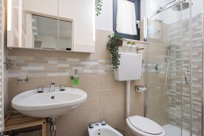 Shower, hair dryer, bidet, towels