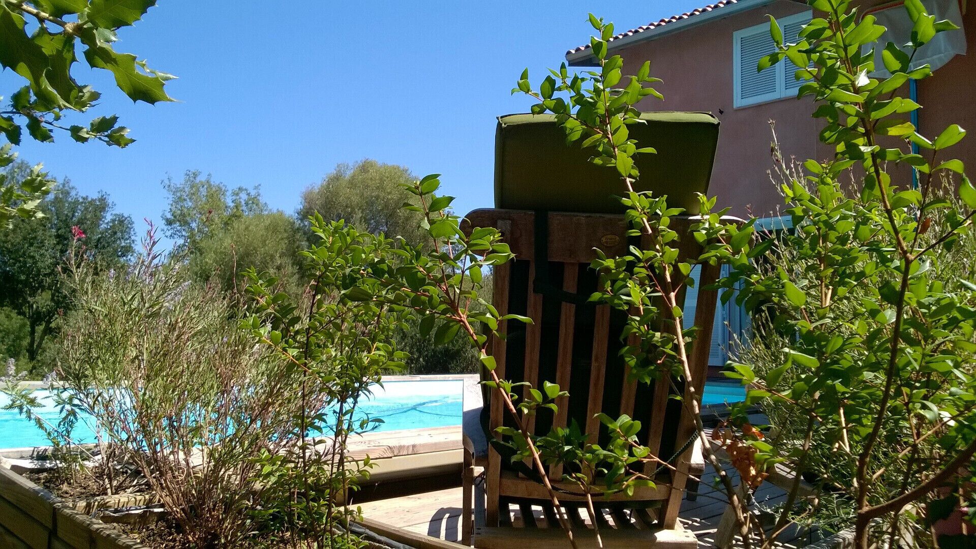 Een houten terras met een zwembad, omringd door groen en een gebouw met blauwe luiken.