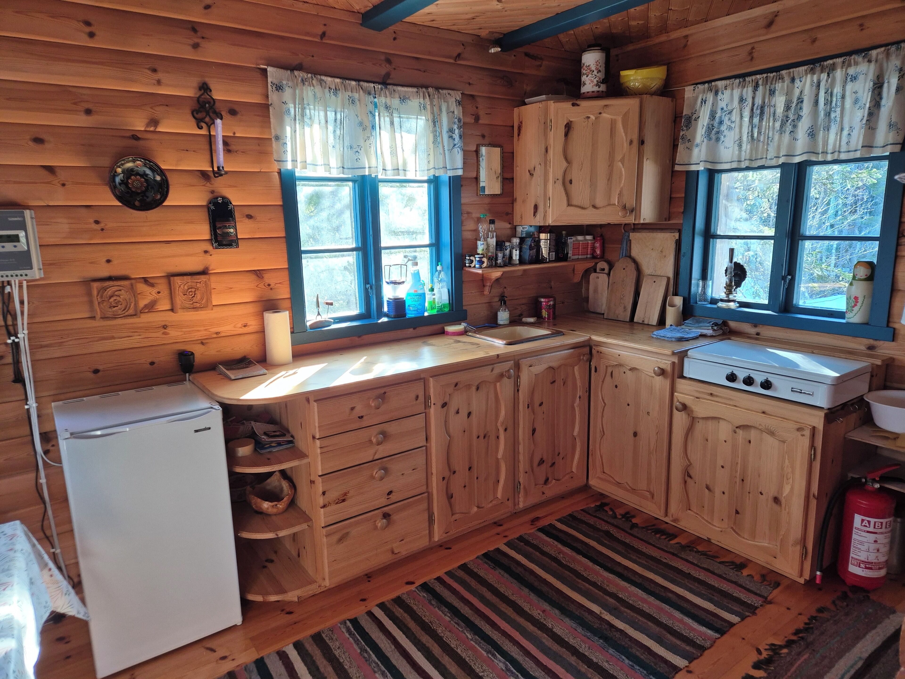 Fridge, stovetop, cookware/dishes/utensils, dining tables