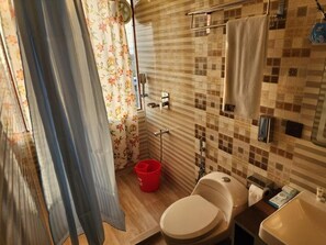 Shower, towels, soap, shampoo