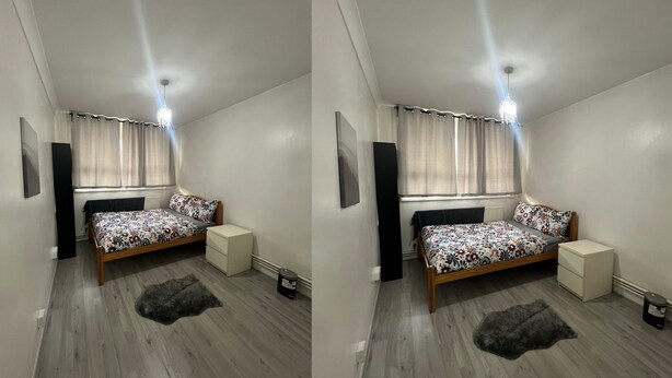 A bedroom with a bed, nightstands, a rug, and a window with curtains. - Haven 2 Bedroom (London)