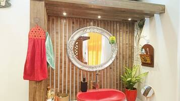 Shower, towels, soap, toilet paper