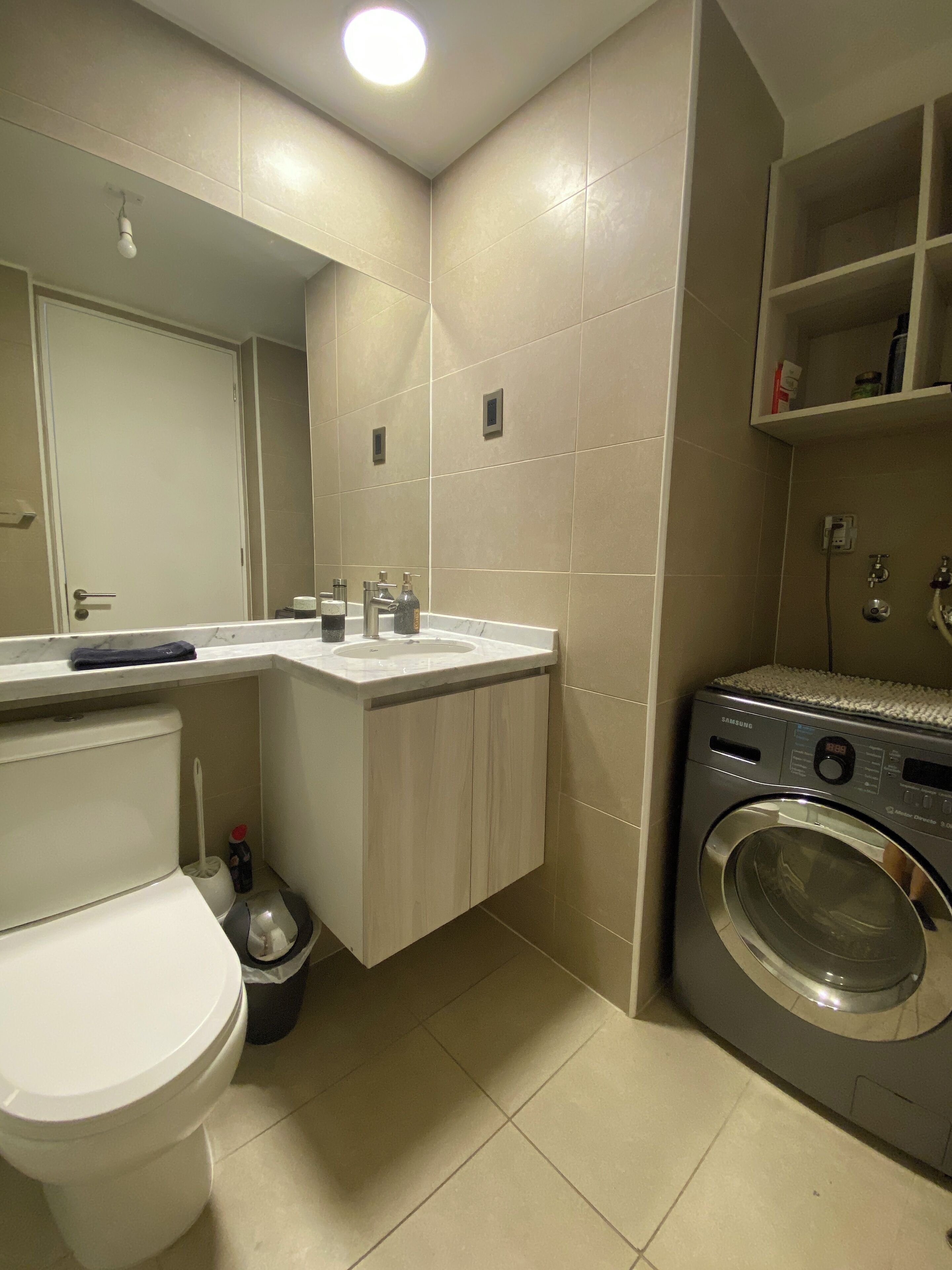 Hair dryer, towels, soap, toilet paper