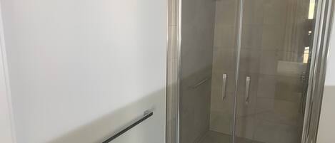 A modern bathroom with a glass shower enclosure, a towel rack, and a handrail.