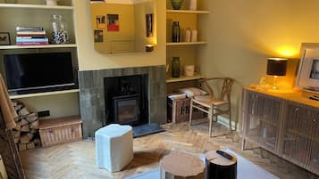 Smart TV, fireplace, books