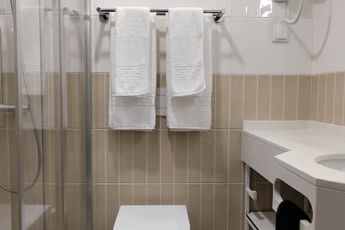 Habitación con 2 camas individuales | Baño | Ducha, secador de pelo, toallas y champú