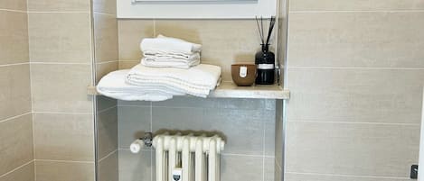 Shower, hair dryer, towels