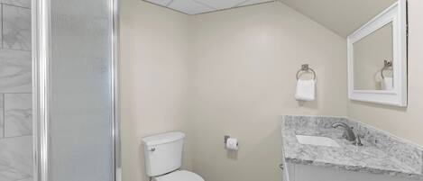 A bathroom with a shower, toilet, sink, and mirror.