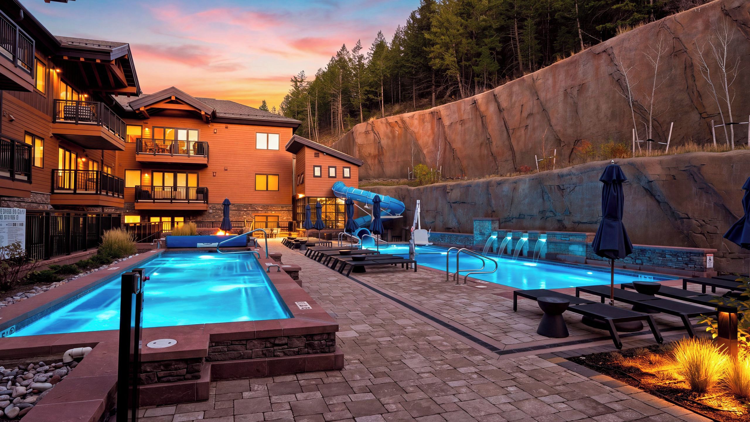 A resort with a pool, lounge area, and a mountain backdrop.