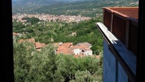 Vista desde un balcón sobre un pueblo con zonas verdes y edificios, cielo despejado y montañas a lo lejos.