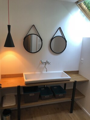Shower, hair dryer, toilet paper