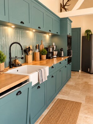 A kitchen with teal cabinets, a white sink, and various appliances including a coffee maker and a kettle. - Property in Sologne with a pool!! (Selles-Saint-Denis)