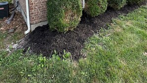 Ein Backsteinhaus mit Fenster, einer Tür und einem kleinen Garten mit Mulch und Sträuchern.