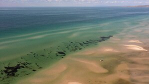 Eine Luftaufnahme einer Küstenregion mit klarem Wasser und einem Sandstrand.
