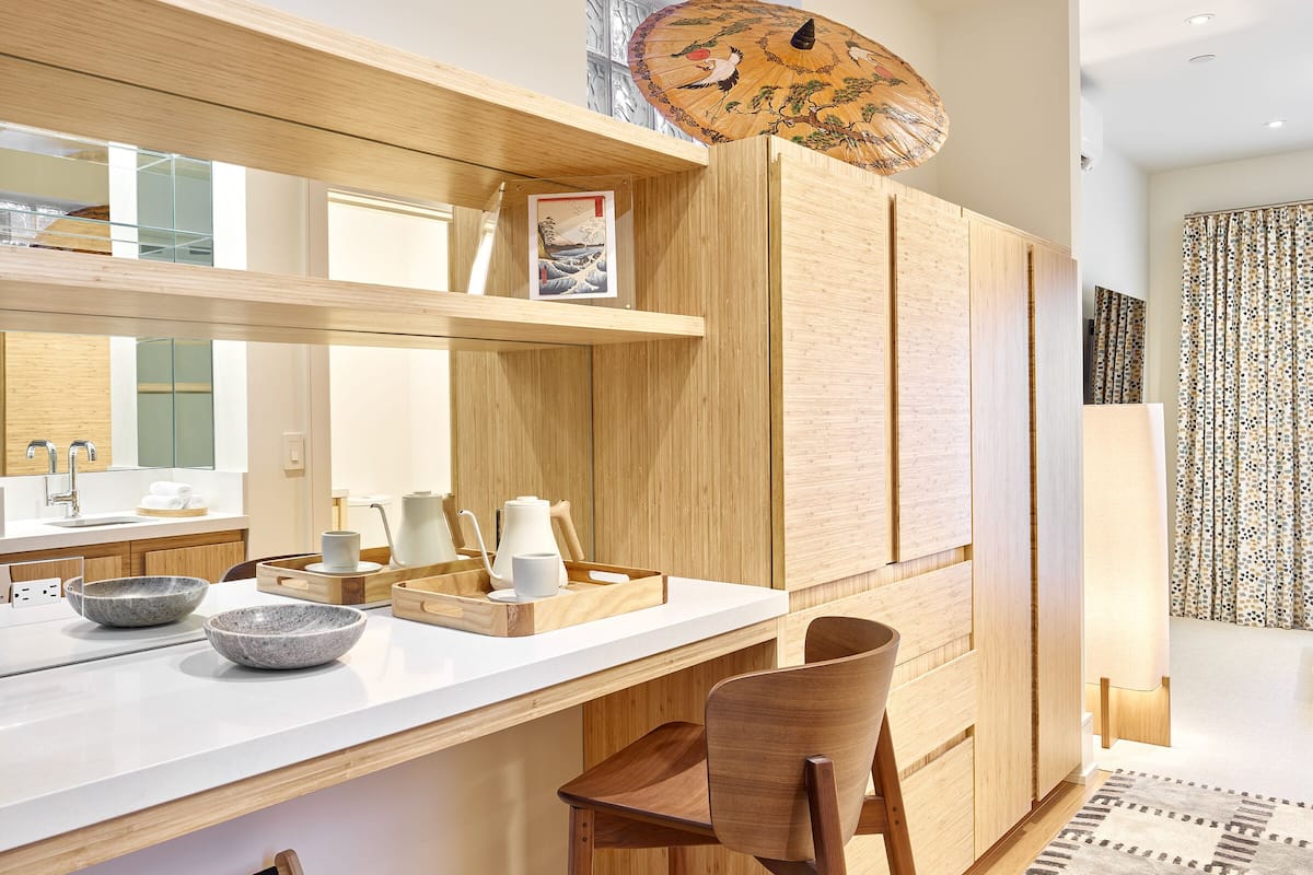Kamer in Japanse stijl | 1 slaapkamer, luxe beddengoed, een kluis op de kamer