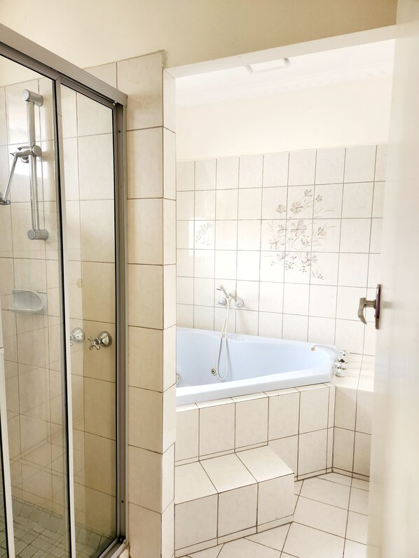 Hair dryer, towels, soap, toilet paper