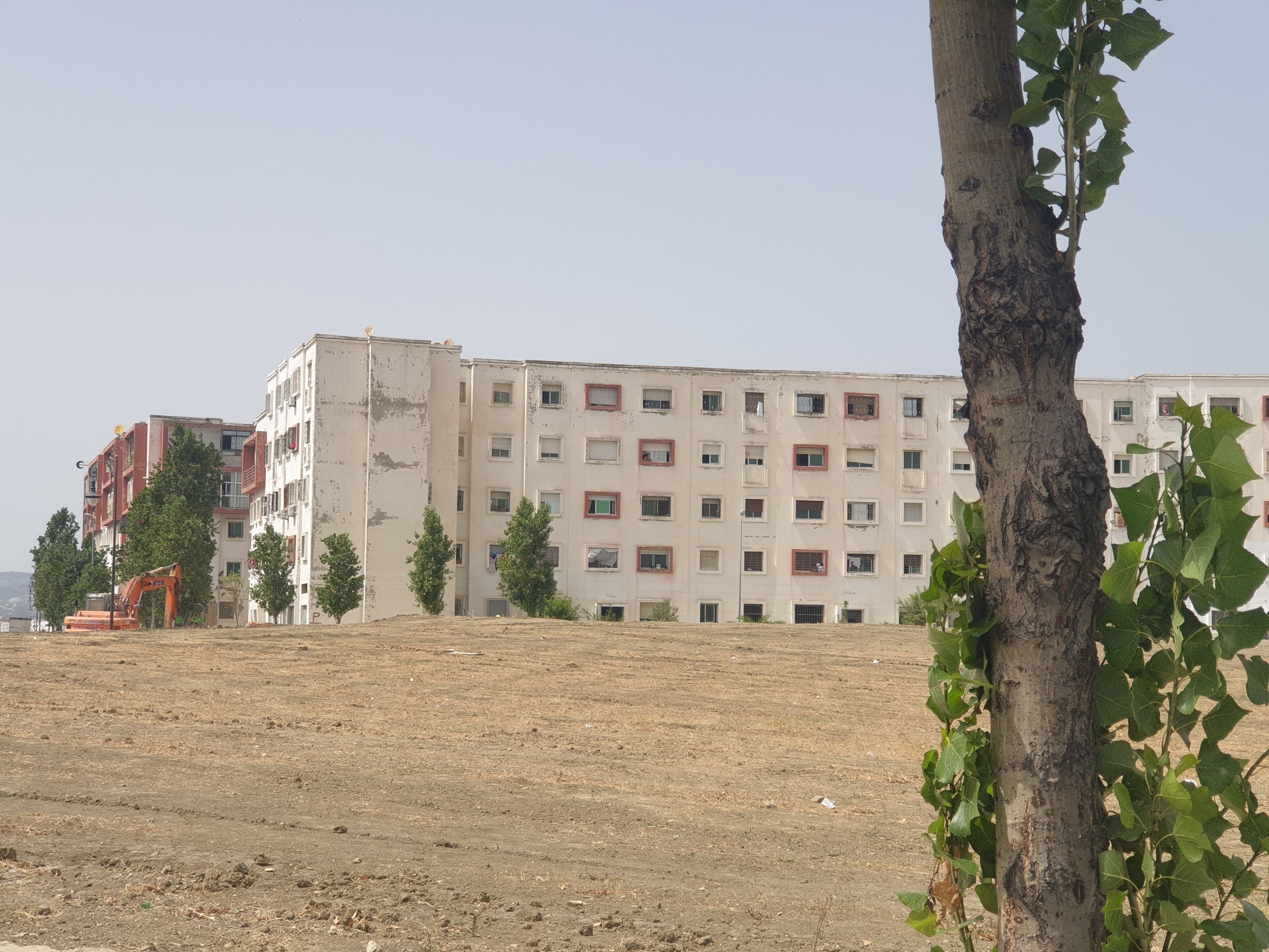 Un edificio a più piani con tetto piatto, circondato da un campo arido e alcuni alberi.