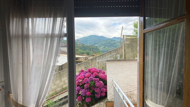 Blick durch ein offenes Fenster mit transparenten Vorhängen, der einen Balkon mit Blumenbeeten und eine bergige Landschaft im Hintergrund zeigt.