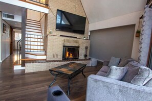 Télévision, cheminée, jeux vidéo, livres