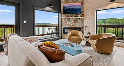 Lakefront home with retro accents, private pool, and private dock.