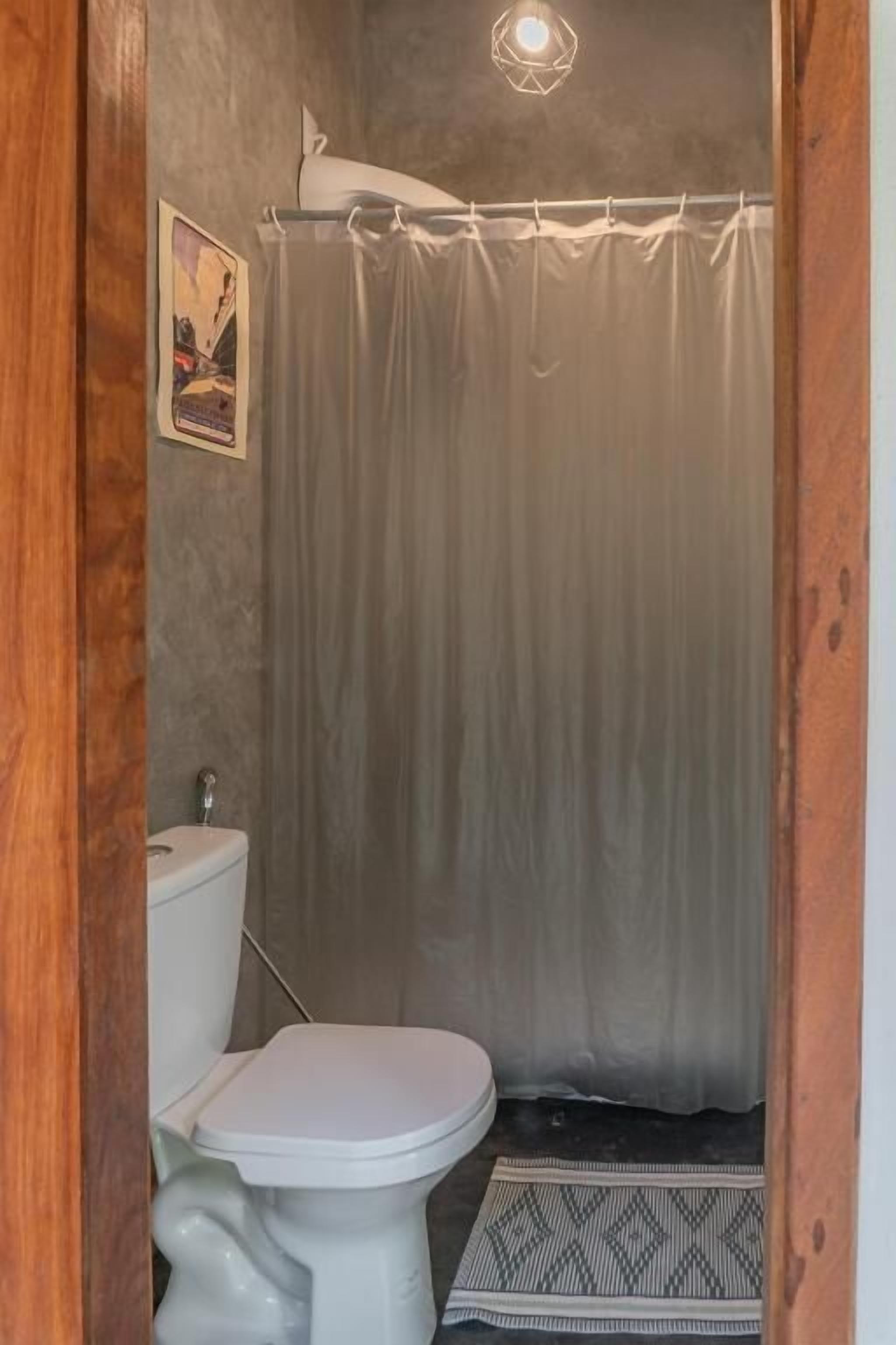 A small bathroom with a toilet, a shower curtain, and a patterned rug.