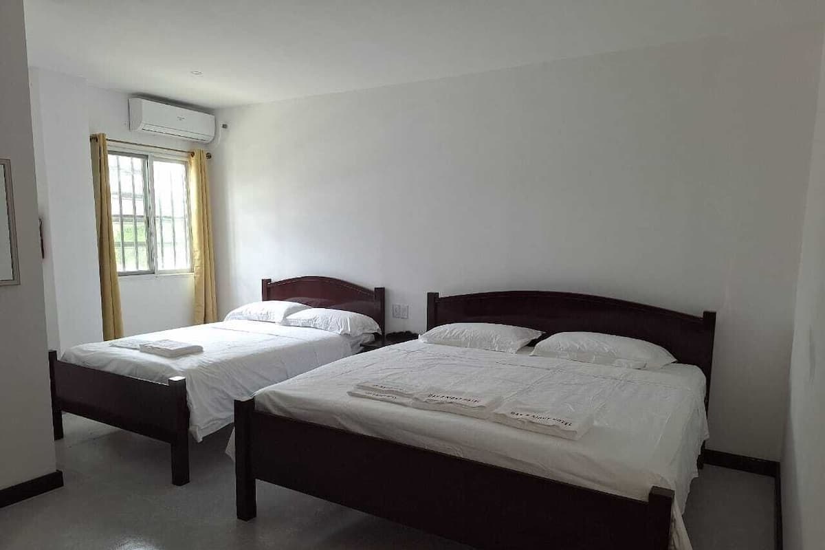 Una habitación con dos camas individuales, una ventana con cortinas y un equipo de aire acondicionado.