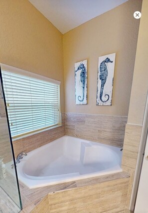 Jetted bath, hair dryer, soap, toilet paper
