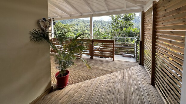 A wooden deck with a potted plant, a wooden bench, and a view of lush greenery. - Residence La Terrasse (POINTE NOIRE)