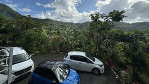 A white car parked in a lush, green area with a mountainous backdrop and a clear sky. - Residence La Terrasse (POINTE NOIRE)
