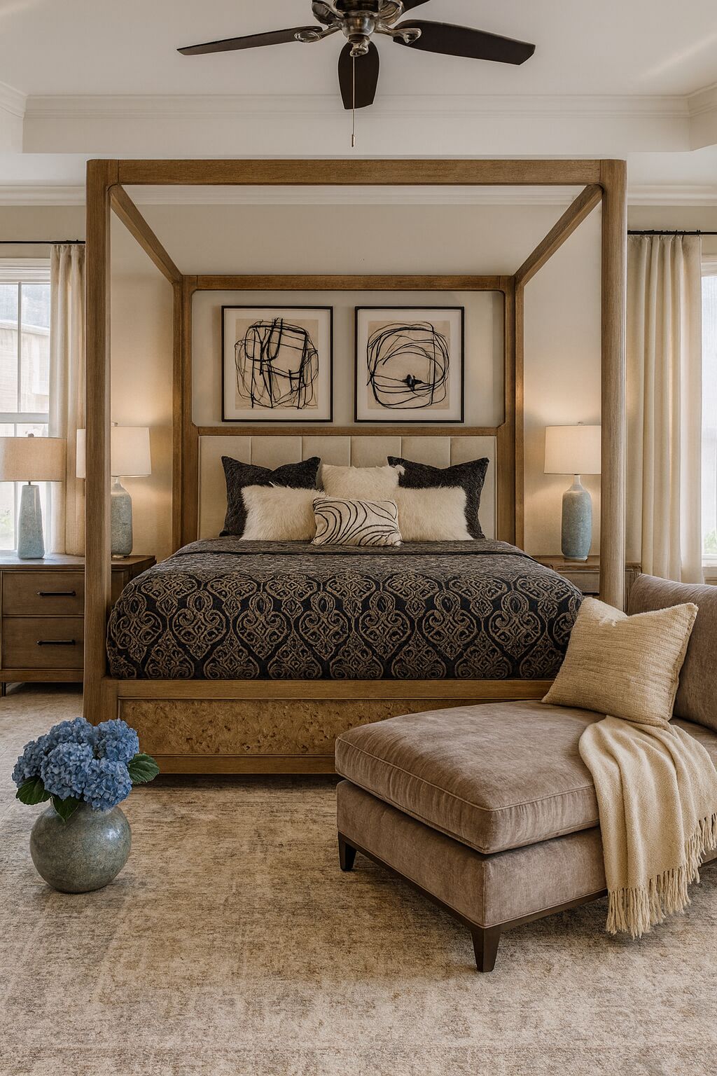 Un lit à baldaquin à quatre poteaux, surmonté d’une couvre-lit à motifs, deux tableaux abstraits accrochés au mur, une table de chevet avec une lampe, et un fauteuil beige agrémenté d’un plaid.