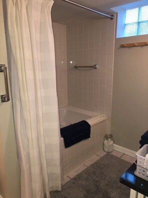 Hair dryer, towels, soap, toilet paper