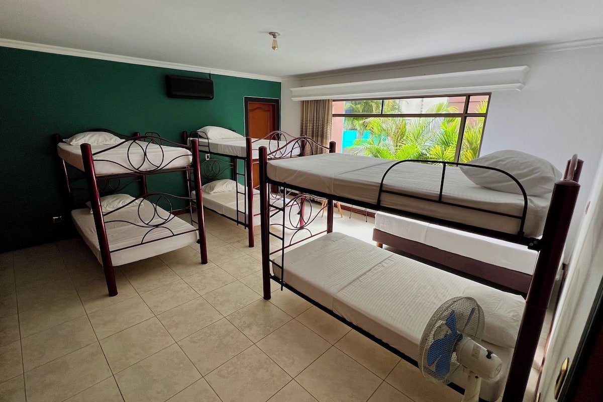 Une chambre de dortoir avec des lits superposés, une fenêtre donnant sur un espace verdoyant et un ventilateur de plafond.