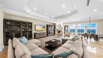 Smart TV, fireplace, table tennis, books