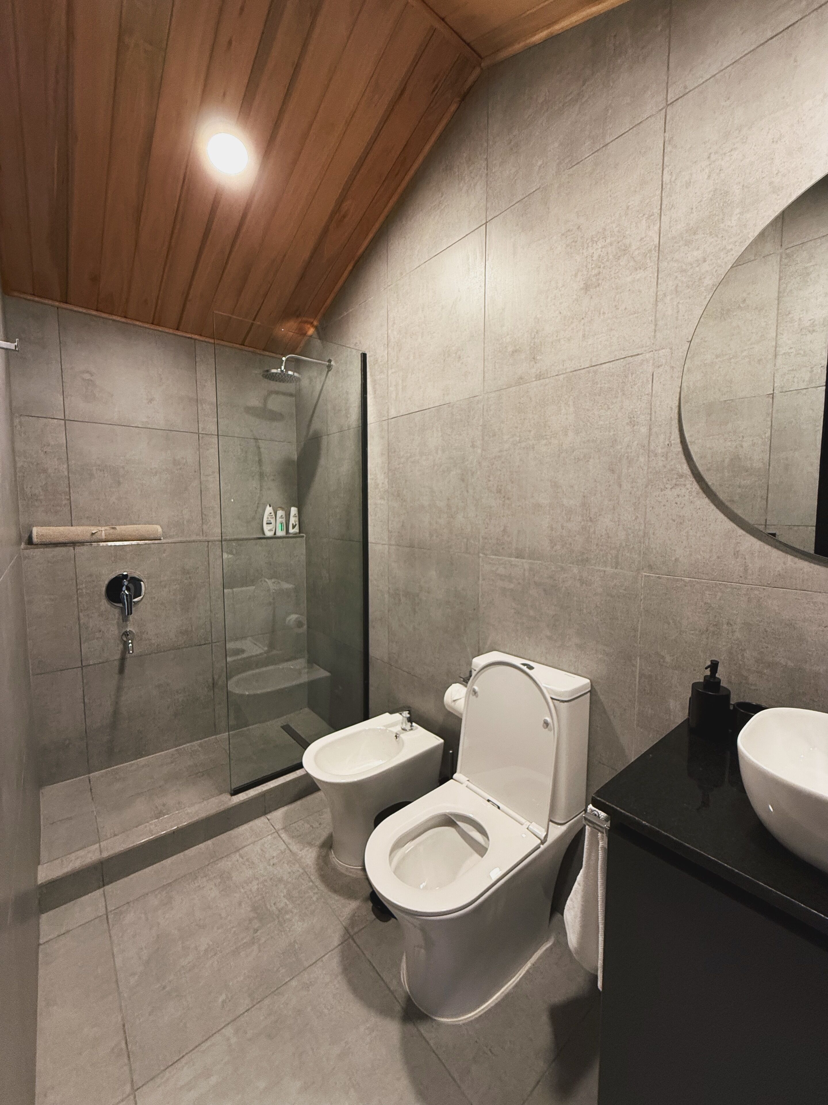 Ein modernes Badezimmer mit Duschkabine aus Glas, Toilette und Waschbecken.