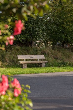 A wooden bench labeled "Wallen" in a park setting with grass and trees.