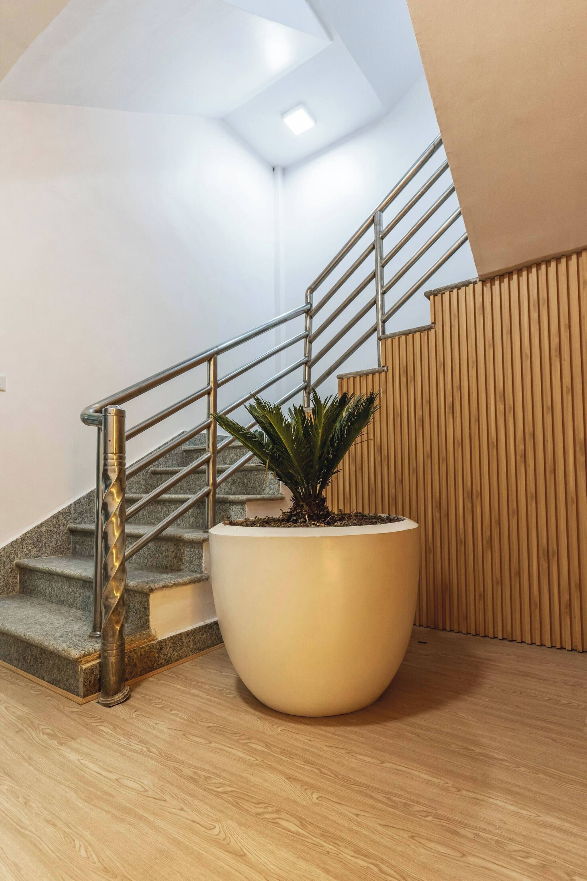A modern staircase with a metal railing, a potted plant, and a wooden wall.