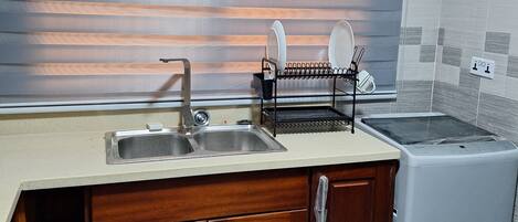 Fridge, microwave, electric kettle, blender
