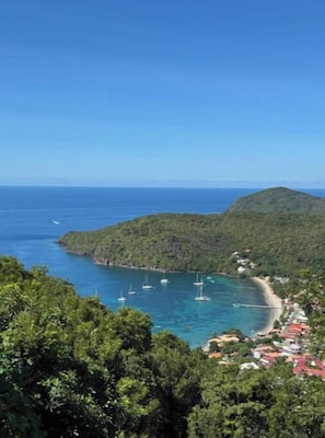A coastal view with clear blue waters, boats, and lush greenery.