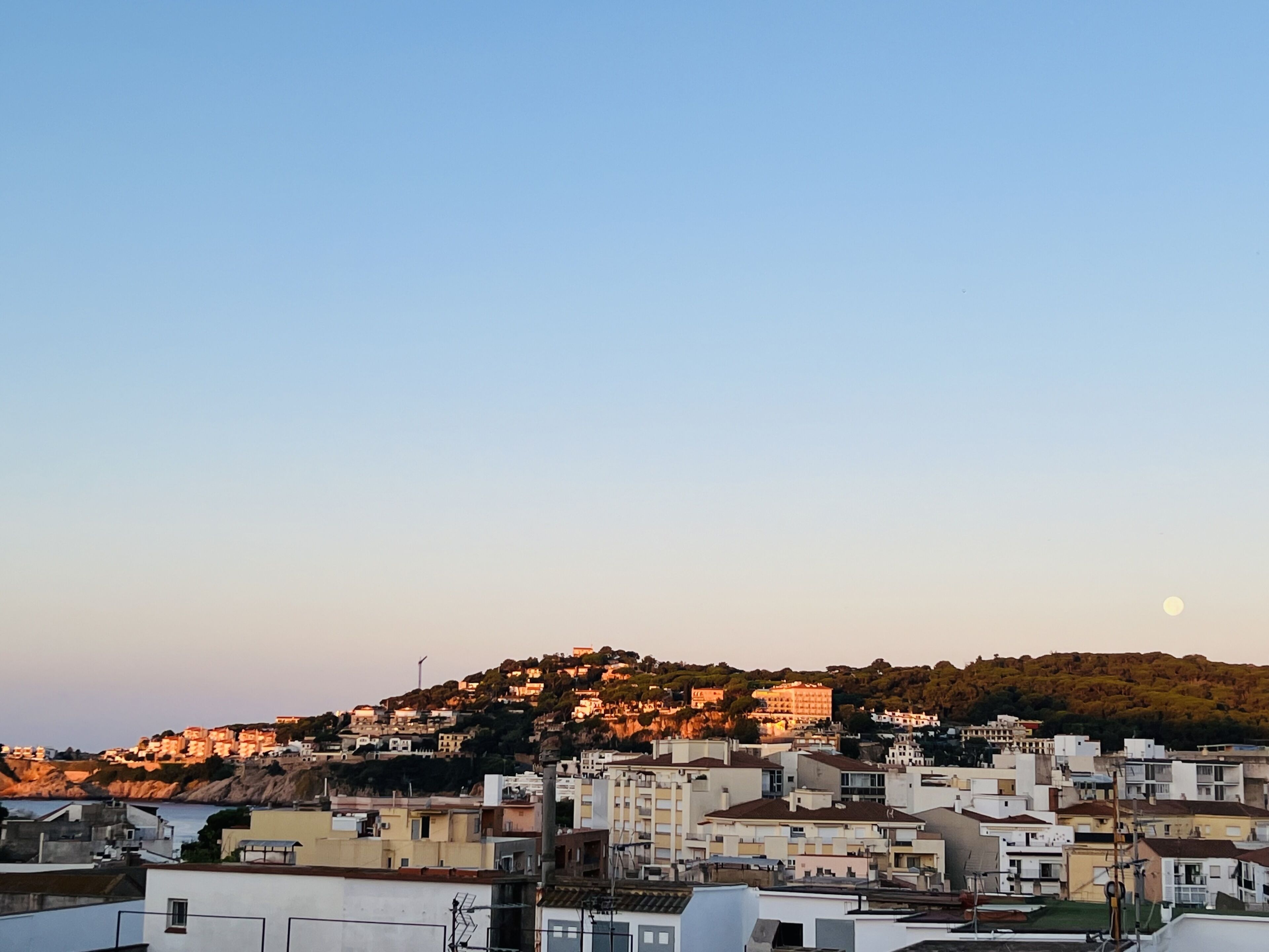 A coastal town with buildings on a hillside, a clear sky, and a visible moon.